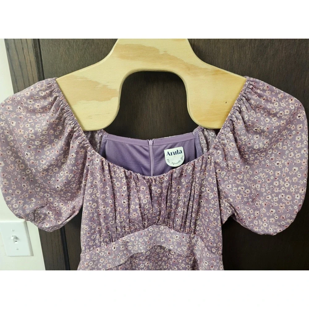 Arula Raella Purple Floral Puff Sleeve Mini Dress Square Neck Cottagecore Size X
